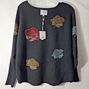 Women's Liv Milano Black Sweater with Multicolor Bling Roses -Size Medium